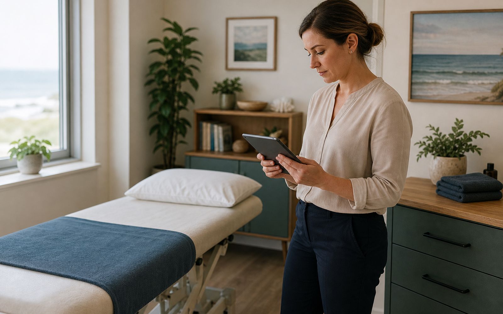 A clinic administrator preparing an appointment room