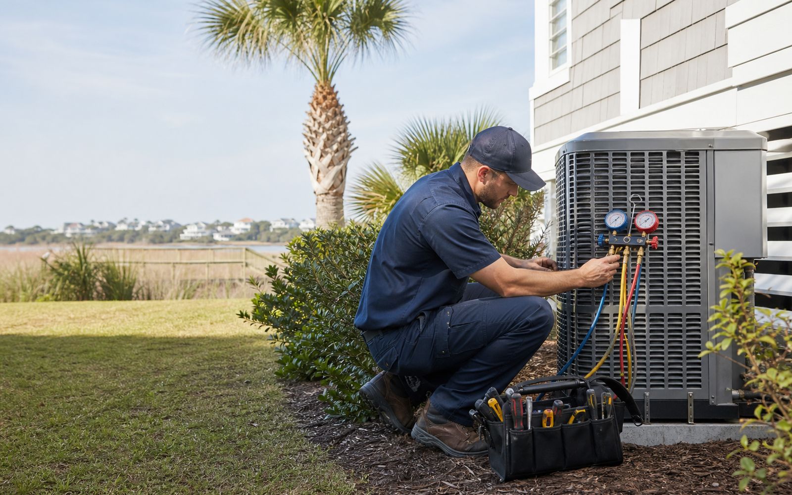 An HVAC technician servicing an outdoor air-conditioning unit